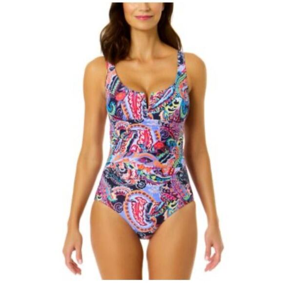 Anne Cole Paisley Print V Wire One Piece Ruched Swimsuit New Size 22w - Picture 1 of 15